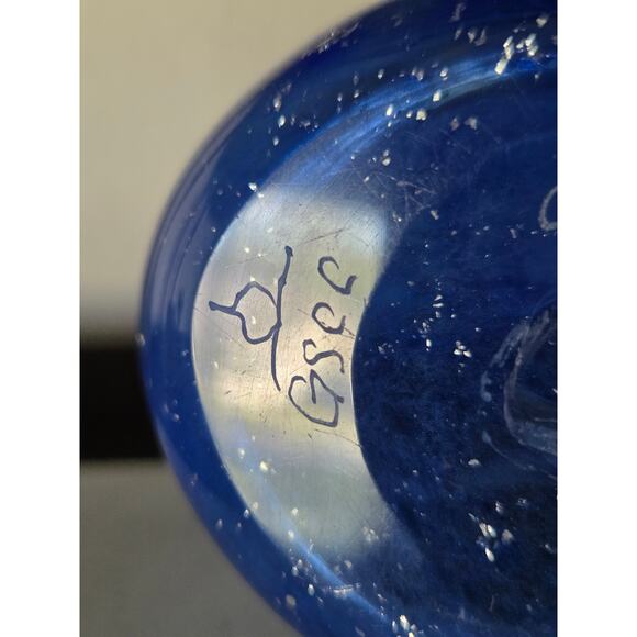 1994 Signed Blue Art Glass Vase 5.5" Cape Cod Studio Silver Foil Accent Signed - Picture 8 of 10